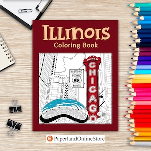 Libro para colorear de Illinois, Libros para colorear para adultos, Páginas para colorear de Cloud Gate, Cardenal pájaro, Monumento emblemático del Parque y Museo Lincoln, Cachorros de Chicago