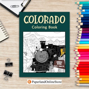 Livre de coloriage Colorado, livres à colorier pour adultes, épicéa bleu, montagnes Rocheuses, chemin de fer à voie étroite, cadeaux à colorier, emblématique de l'État des États-Unis