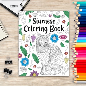 Siamese Cat Coloring Book, Cat Owner Gift, Cat Mom, Cat Gifts, Cat Painting, Cat Lover, Adult Coloring Books, Floral Mandala Coloring Pages