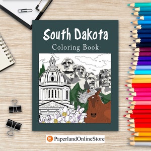 South Dakota Coloring Book, Adult Painting on USA States Landmarks and Iconic, Stress Relief Activity Books, Memorial Gift for Tourist
