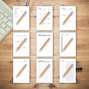May include: Printable planner pages with a variety of layouts, including "All About Me", "Birthdays", "Calendar", "Month", "Week", "Class Roster", and "Records". The pages are printed on white paper and feature black lines and text.