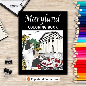 Maryland Coloring Book, Adult Painting on USA States Landmarks and Iconic, Stress Relief Activity Books, Memorial Gift for Maryland Tourist