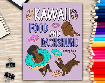 May include: A purple coloring book cover with the text "Kawaii Food and Dachshund Coloring Book" and illustrations of dachshunds with donuts. The text "PaperlandOnlineStore" is at the bottom of the cover.