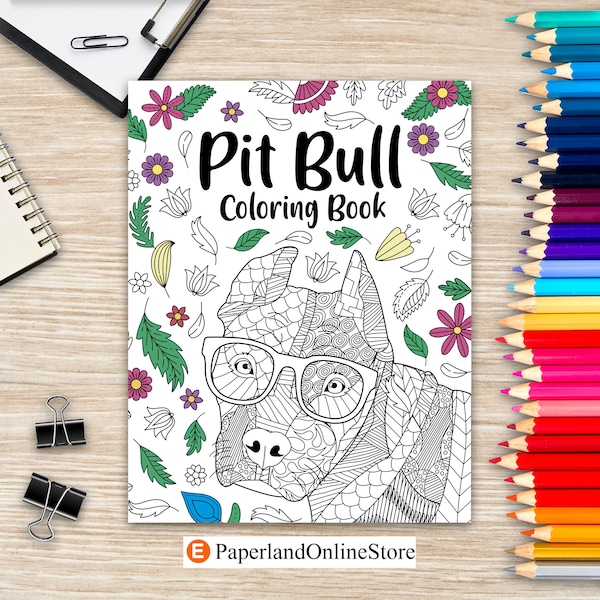 Pit Bull Coloring Book, Zentangle Coloring Books for Adult, Floral Mandala Coloring Pages, Stress Relief Animal Picture, Gifts for Dog Lover