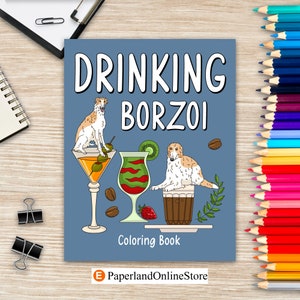 Livro de colorir Borzoi bebendo, menu de receitas, coquetéis de café, smoothies, frapês e bebidas, livros de atividades para pintar para amantes de galgos