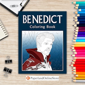 Puede incluir: Portada de libro para colorear en blanco y negro con un retrato de Benedict Cumberbatch como Doctor Strange. El título del libro es "BENEDICT Coloring Book" y la parte inferior de la portada tiene el texto "PaperlandOnlineStore".
