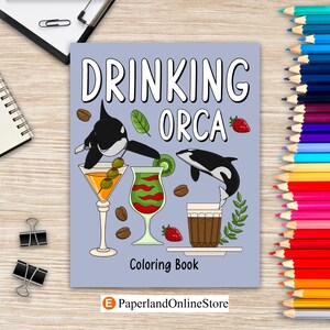 Livro de colorir orca bebendo, menu de receitas, coquetéis de café, smoothies, frapês e bebidas, livros de atividades para pintar para amantes de baleias assassinas