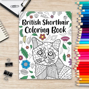 Brits korthaar kleurboek, kattenliefhebber cadeau, kattenmoeder, kattencadeaus, volwassen kleurboeken, bloemen mandala kleurplaat, doodle kat schilderij