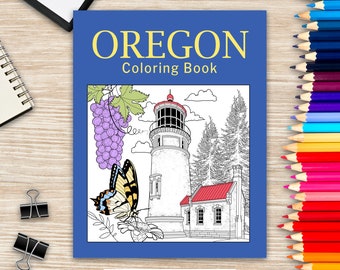 Oregon Coloring Book, Adult Coloring Page, Painting on USA States Landmarks and Iconic, Gift for Oregon Tourist, Stress Relief Picture