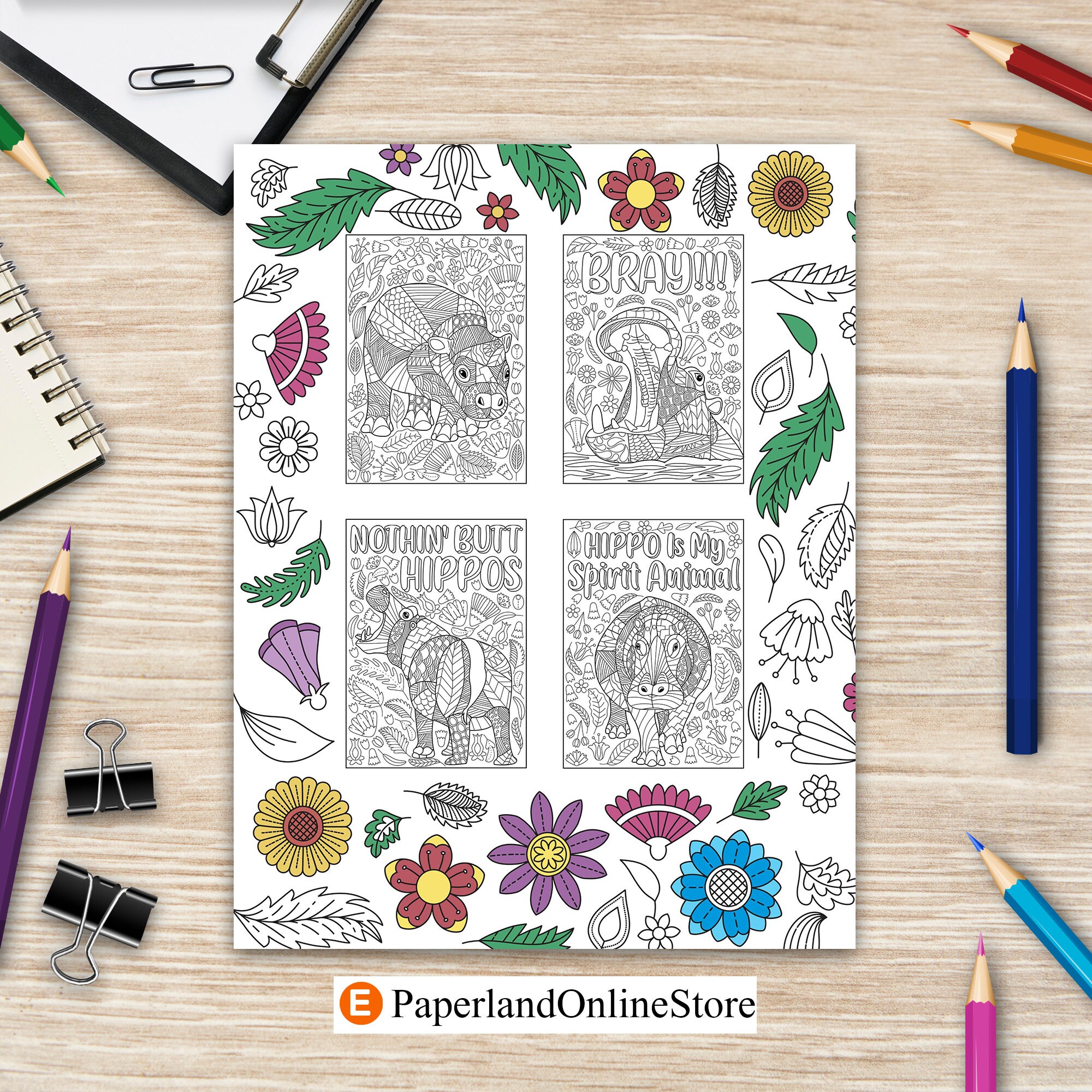 Hippo Coloring Book Adult Coloring Book Animal Coloring - Etsy