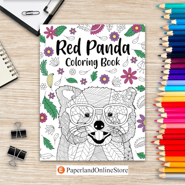 Roter Panda zum Ausmalen, Malbuch für Erwachsene, Malbücher für Erwachsene, Geschenke für Panda Liebhaber, Mandala Blumen Malseiten, Tier Malbuch, Buch Liebhaber