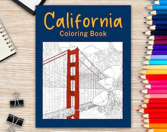 California Coloring Book, Coloring Books for Adults, Golden Gate Bridge Painting, San Francisco Painting, Golden Poppy, California Landmark