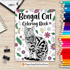 Pode incluir: Capa de livro para colorir em preto e branco com um gato de Bengala usando óculos e rodeado de flores e folhas. O título do livro é "Bengal Cat Coloring Book".