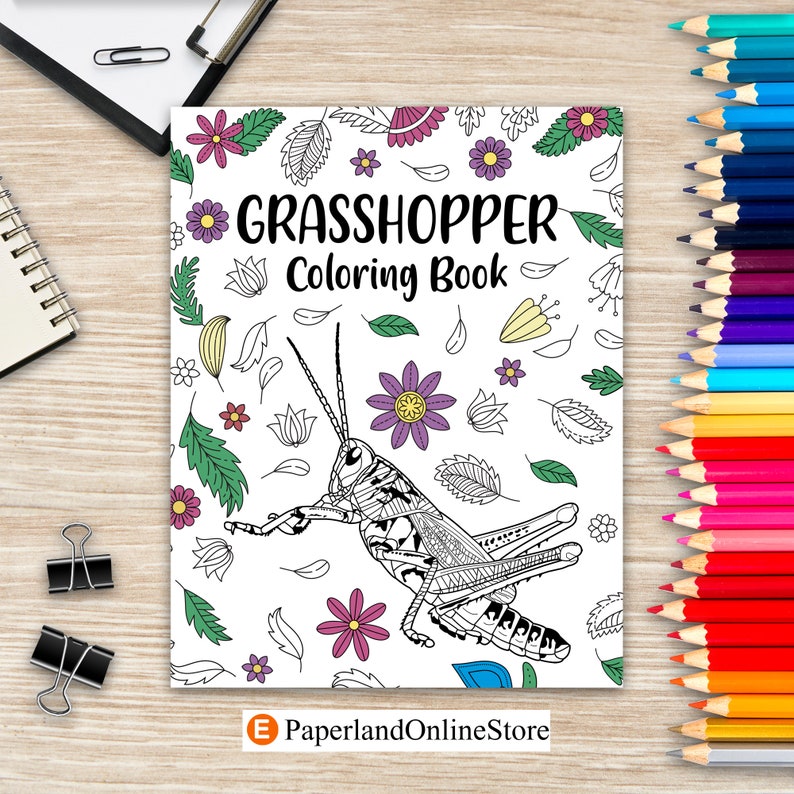 Grasshopper Coloring Book, Adult Coloring Book, Gifts for Grasshopper Lovers, Floral Mandala Coloring, Insecta Coloring Book, Activity Book
