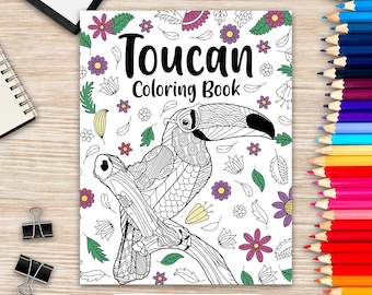 Toucan Coloring Book, Coloring Books for Adults, Gifts for Toucan Lovers, Floral Mandala Coloring Pages, Bird Lovers Coloring Book