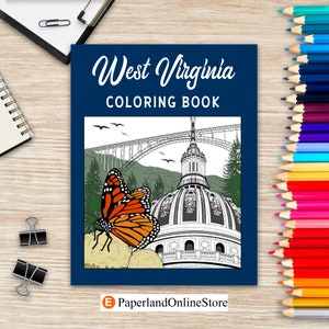 Livro de colorir da Virgínia Ocidental, pintura para adultos sobre marcos e ícones dos Estados Unidos, livros de atividades para aliviar o estresse, presente para turista da Virgínia Ocidental