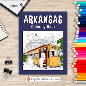 Livro de colorir do Arkansas, página para colorir para adultos, pintura sobre marcos e ícones dos Estados Unidos, presente para turista do Arkansas, imagem para aliviar o estresse