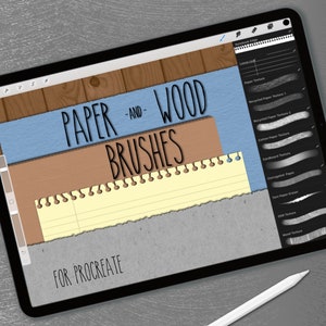 以下が含まれることがあります： Procreate 用の「紙と木製のブラシ」セットが表示されたデジタルタブレット。ブラシには、紙、再生紙、コットンペーパー、厚紙、段ボール、木などのテクスチャが含まれています。