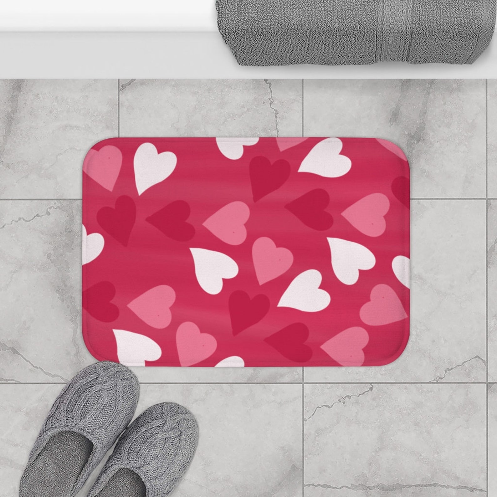 Pink Hearts White Hearts Red Hearts Bath Mat Hearts Bath Etsy