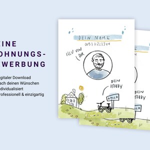Puede incluir: Dos ilustraciones de estilo dibujado a mano de un perfil de persona, con texto en alemán. El texto incluye "DEINE WOHNUNGS-BEWERBUNG" y "DEIN NAME", junto con un número de teléfono y la palabra "HALLO". Las ilustraciones son de estilo acuarela.