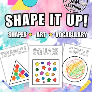 以下が含まれることがあります： 「SHAPE IT UP！」というタイトルの教育ポスター。カラフルな図形と語彙が特徴です。三角形、正方形、円のイラストが含まれています。ポスターには「Big learning starts with little hands-shape it, say it, color it, stick it, glue it!」と書かれています。