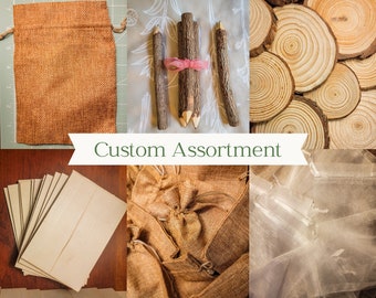 Craft supplies diy bulk wood cards and wood slices for crafting organza burlap bags custom assortment amount mix and match creative supplies