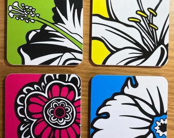 SET of 4 Coasters - Bright Flower Design / Melamine, cork backed