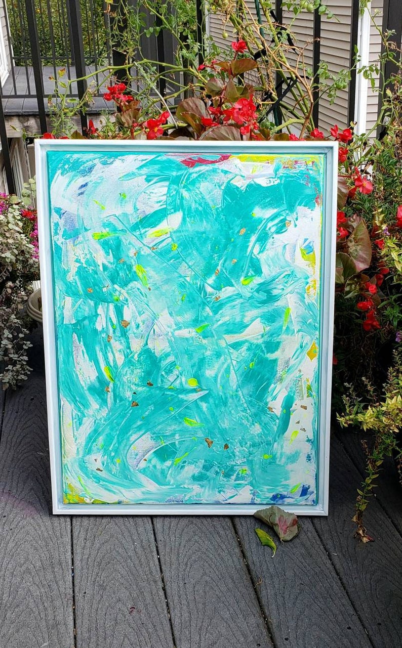 Origineel schilderij, 18 x 24, abstract schilderij, blauw en wit, oceaan kunst, kust decor, boho, minimalistisch schilderij, bladgoud afbeelding 2