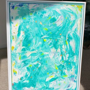 Origineel schilderij, 18 x 24, abstract schilderij, blauw en wit, oceaan kunst, kust decor, boho, minimalistisch schilderij, bladgoud afbeelding 5