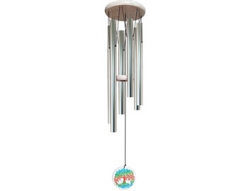 Tree of Life Wind Chime in Silver, 33 inch High-Quality Outdoor Design