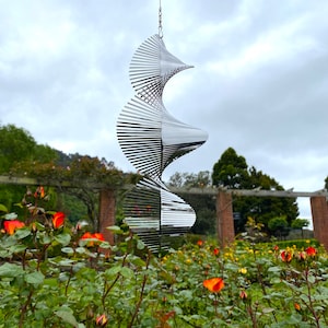 Silver Helix Wind Spinner 11.8 inch, Metal Kinetic Hanging Sculpture for Outdoors