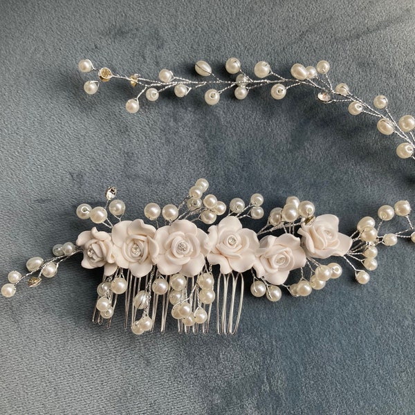 Blüten Perlen Haarschmuck Haarkamm silber ivory