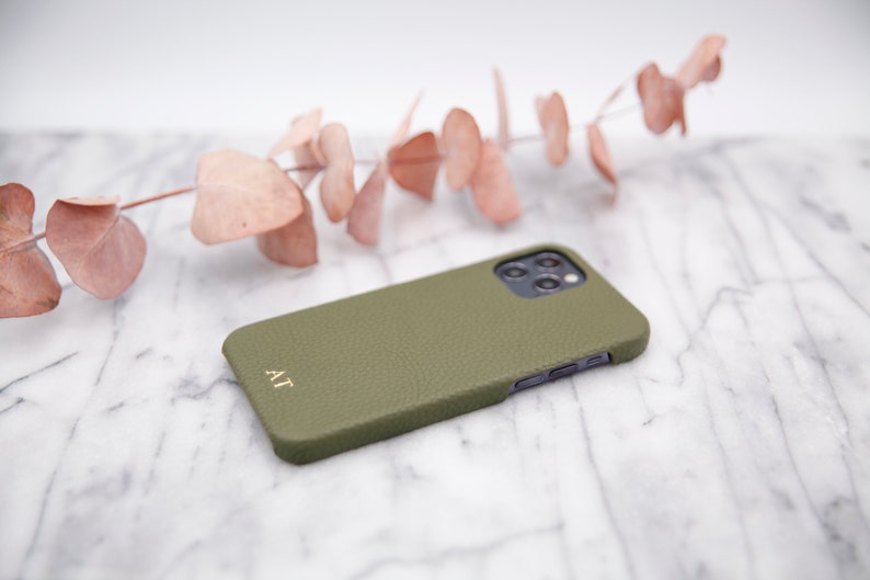 Personal iPhone 12 and iPhone 12 Pro olive pebbled leather case