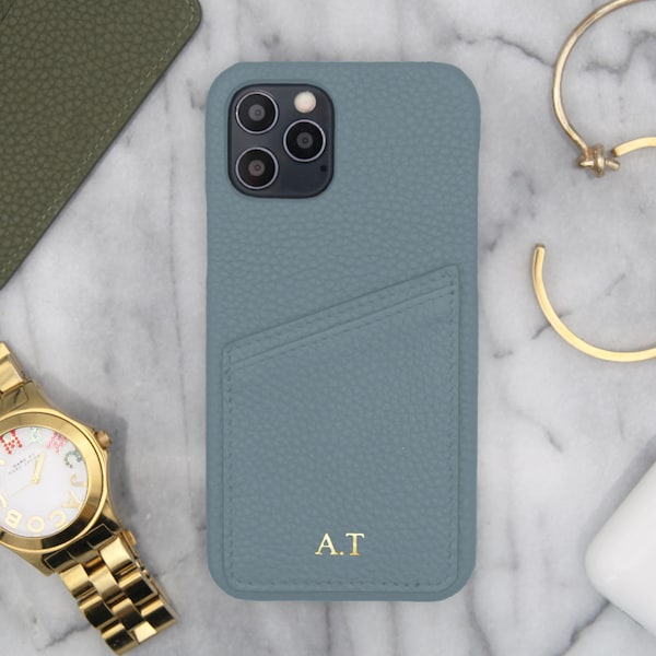 Personal iPhone Light Blue Pebbled Leather Case With Card Holder Monogrammed