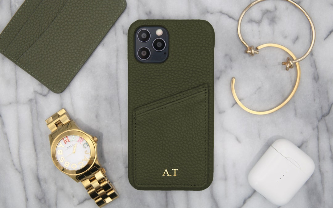 Personal iPhone Olive Green Pebbled Leather Case With Card Holder Monogrammed