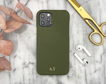 Personal iPhone Olive Green Pebbled Leather Monogrammed