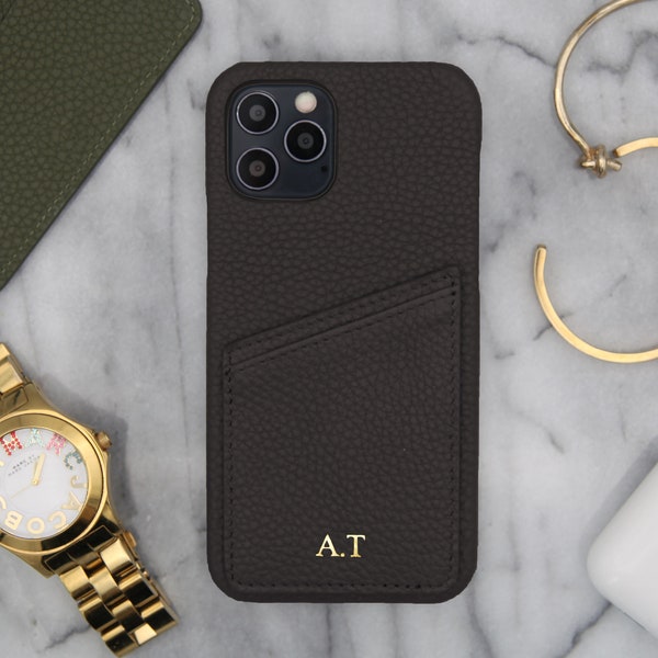 Personal iPhone Black Pebbled Leather Case With Card Holder Monogrammed