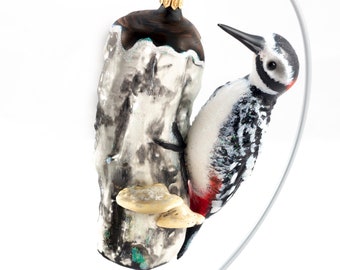 Handmade Huge Woodpecker on a Tree - Glass Christmas Ornament, Made in polish Manufacture, Collectible Bauble