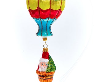 Huge Santa on Air Balloon - Handmade, Glass Christmas Ornament, Made in polish Manufacture, Collectible Bauble