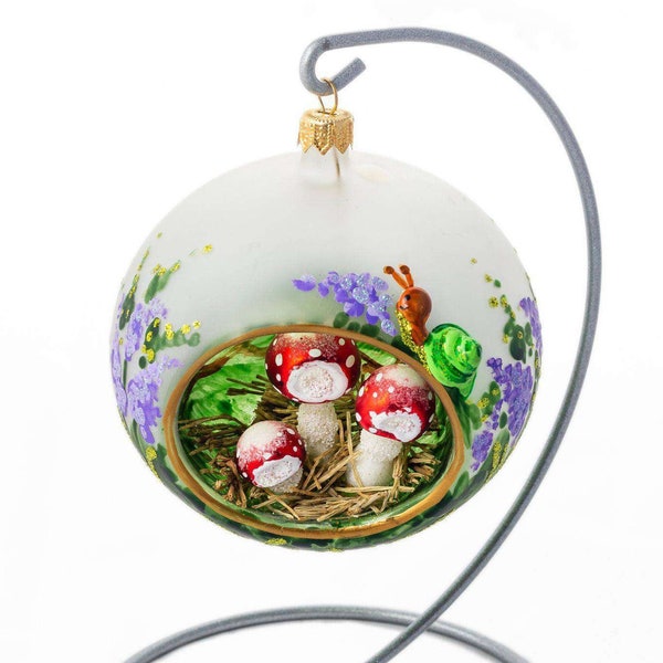 3d Ball with Toadstools inside - Only Glass, Handmade, Glass Christmas Ornament, Made in polish Manufacture, Collectible Bauble