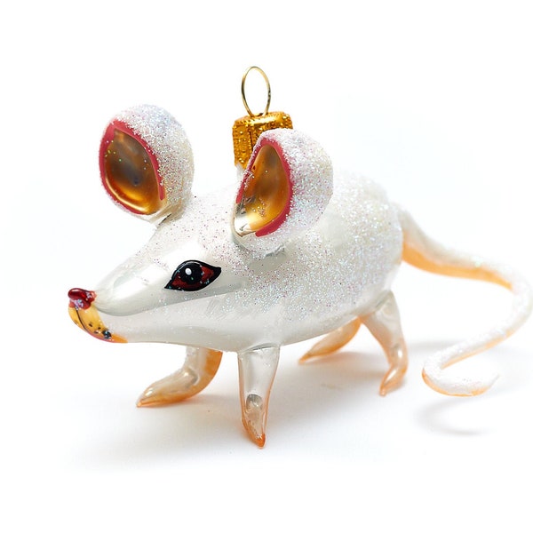 Handmade Glass White Mouse ,Christmas Ornament, Collectible Bauble