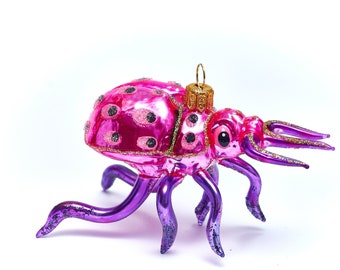 Pink Bug - Fait à la main, Ornement de Noël en verre, Fabriqué en fabrication polonaise, Boule de collection