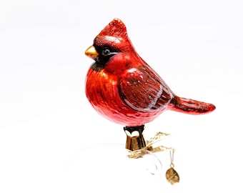 Handmade Glass CARDINAL Bird Clip on, Christmas Ornament, Collectible Bauble