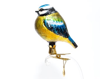 Handmade Glass TIT Bird Clip on, Christmas Ornament, Collectible Bauble