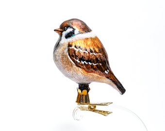 Handmade Glass SPARROW Bird Clip on, Christmas Ornament, Collectible Bauble