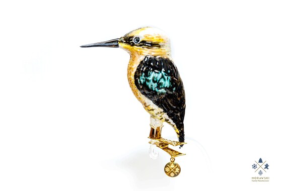 MED TURQUOISE BLUE GOLD KINGFISHER BIRD GERMAN GLASS CHRISTMAS ORNAMENT CLIP ON 