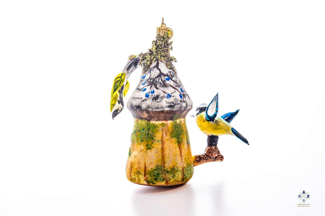 大きなオーナメント 鳥小屋の中のシジュウカラの鳥 - 手作り、ガラスの