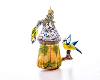大きなオーナメント 鳥小屋の中のシジュウカラの鳥 - 手作り、ガラスの