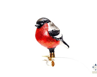 Handmade Glass BULLFINCH Bird Clip on, Christmas Ornament, Collectible Bauble