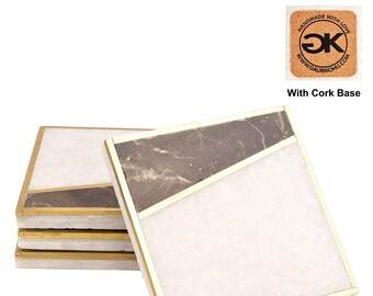 Large Size | Set of 4 GAURI KOHLI Beautiful White Marble Coasters with Cork Bottom; Embellished with Luxurious Gold Inlay Large Size | Set of 4 GAURI KOHLI Beautiful White Marble Coasters with Cork Bottom; Embellished with Luxurious Gold Inlay